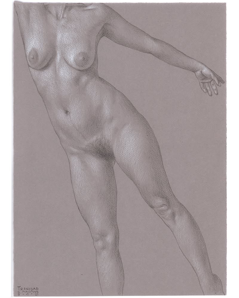 Pencil drawing of a nude figure with a webbed hand gesture